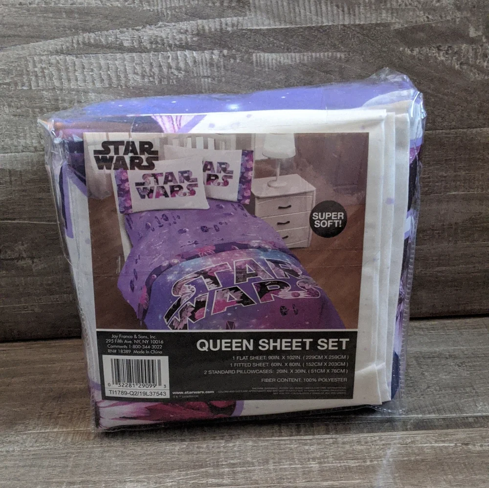 Star Wars Lavender Galaxy Queen Sheet Set with White Logo Pillowcases